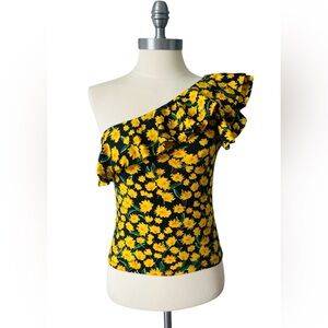 MAEVE NWT Anthropologie One-Shoulder Ruffled Top Yellow Flower Cotton Size XS